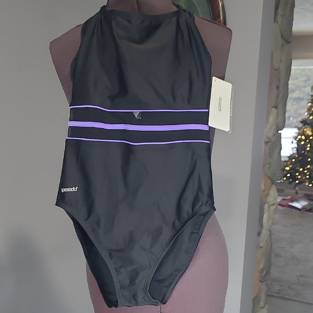Speedo Women's One Piece Black with Purple Stripes